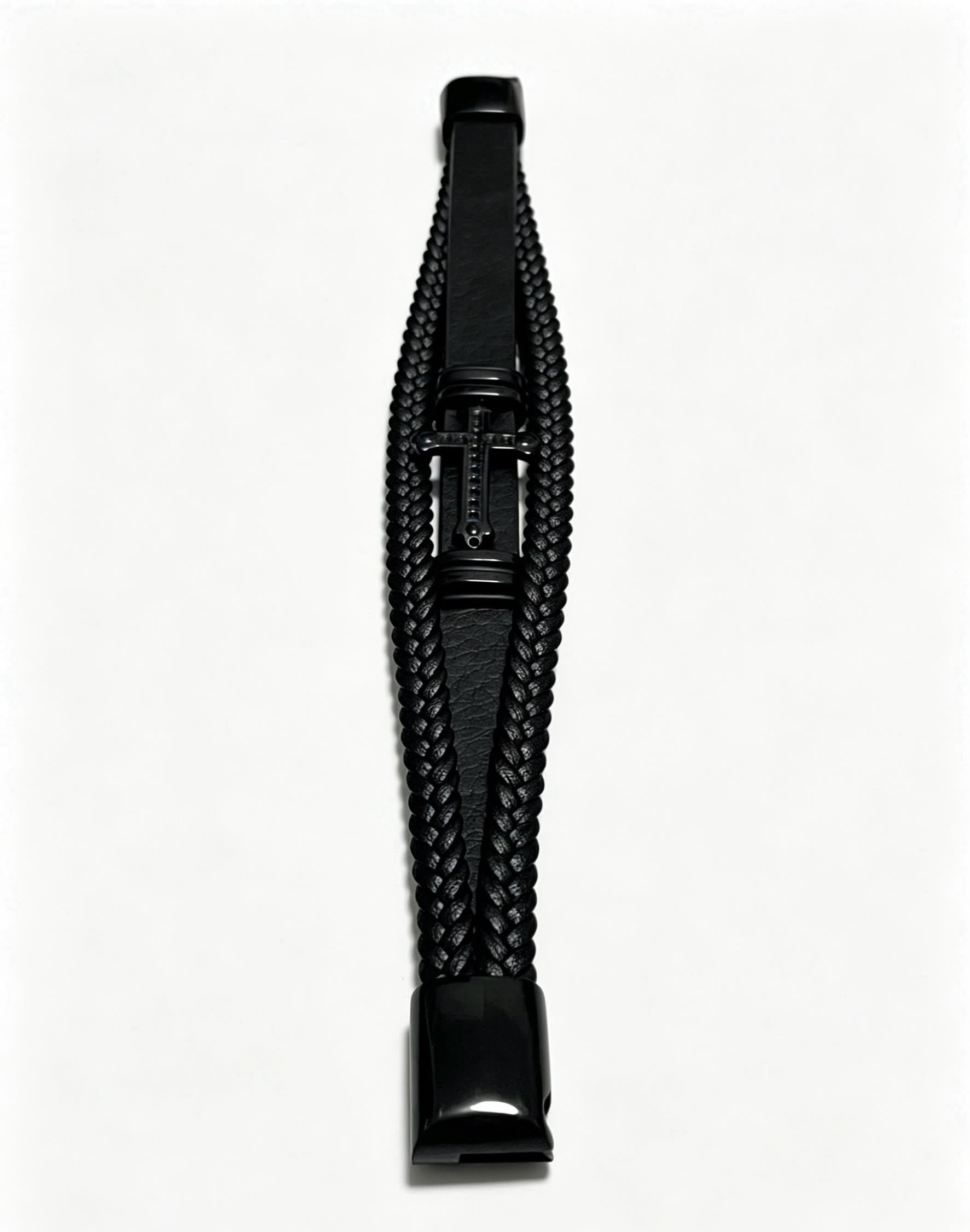 Chrome Hearts Black Braided Leather Bracelet with Cross Clasp
